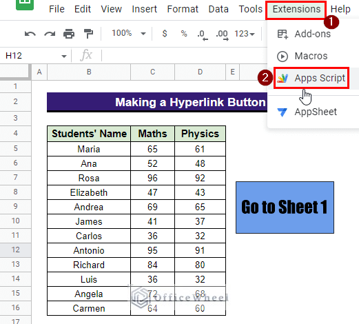 opening apps script window using extensions menu from the toolbar